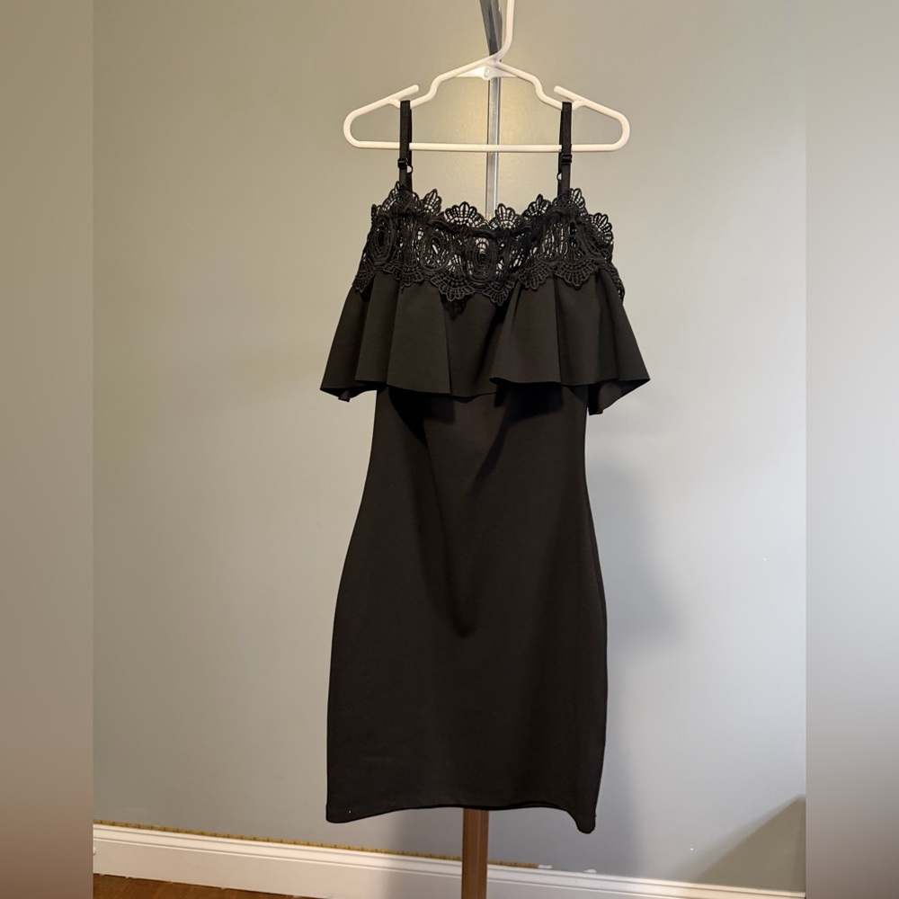 BCX Black Lace-Trim Ruffle Mini Dress
